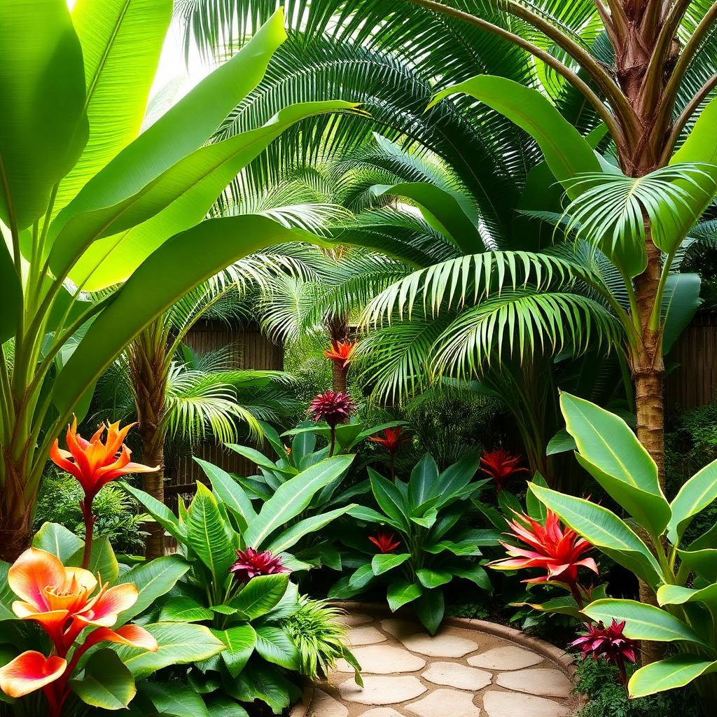 Jardín Residencial estilo Tropical (5 – 10 m²)