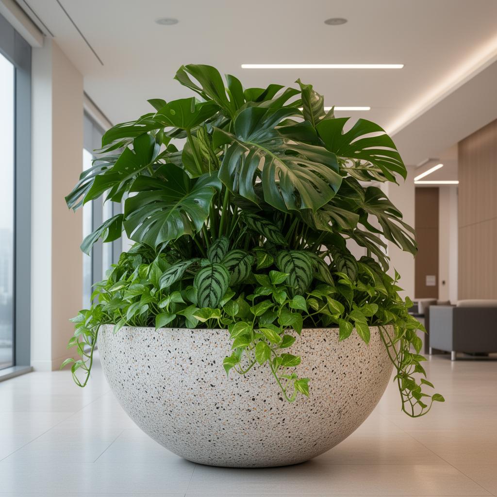 Monstera en terrazo — Lobby corporativo · Cancún