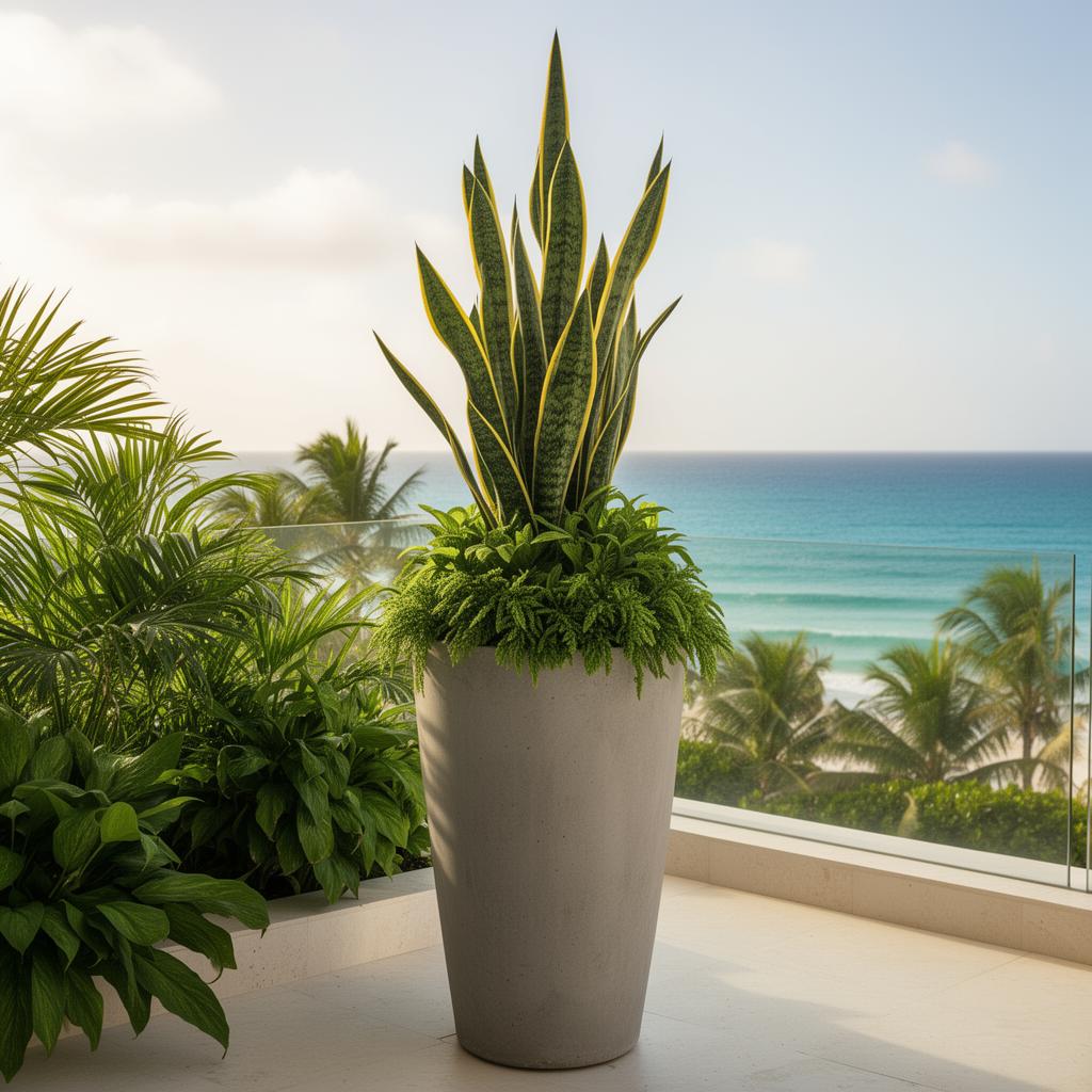 Sansevieria escultórica — Terraza frente al mar · Cancún