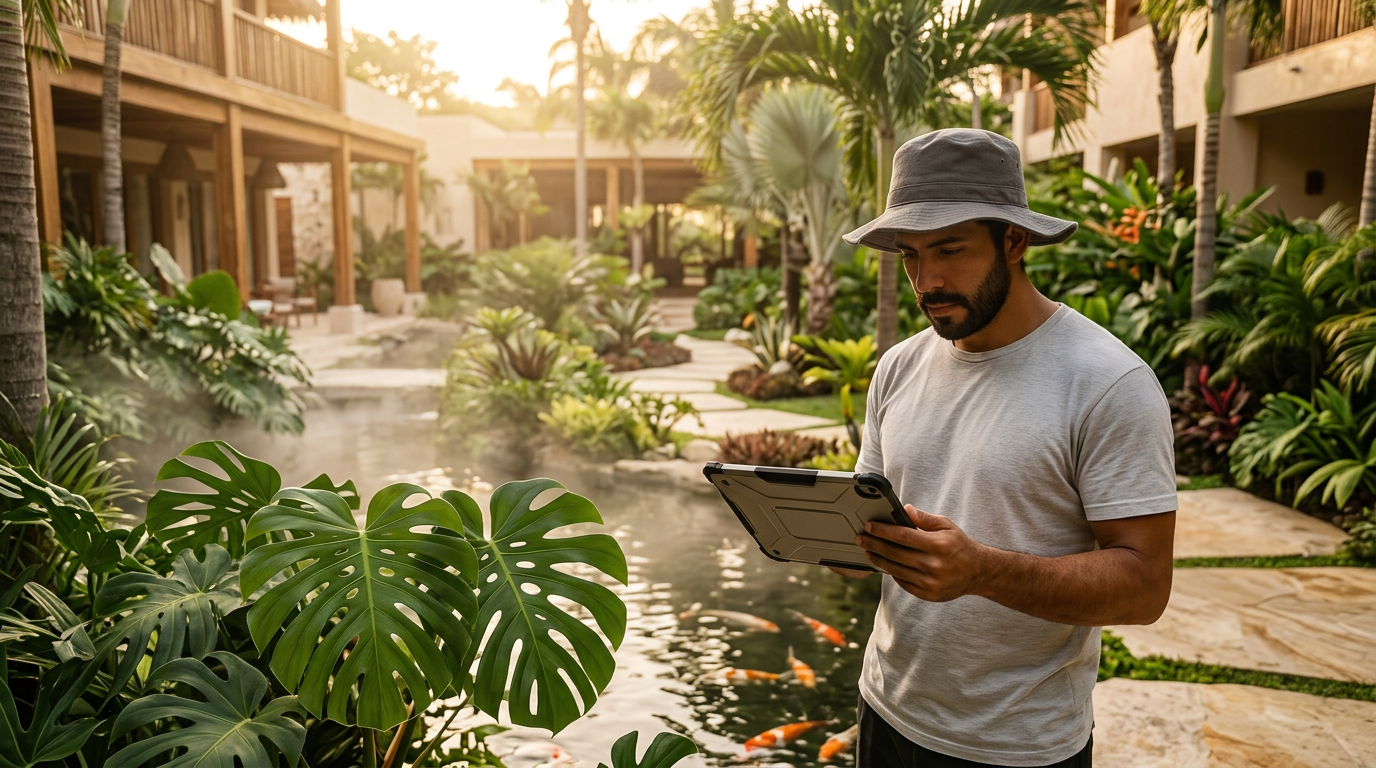 Paisajista de Amonacer revisando un proyecto en un hotel boutique de Cancún
