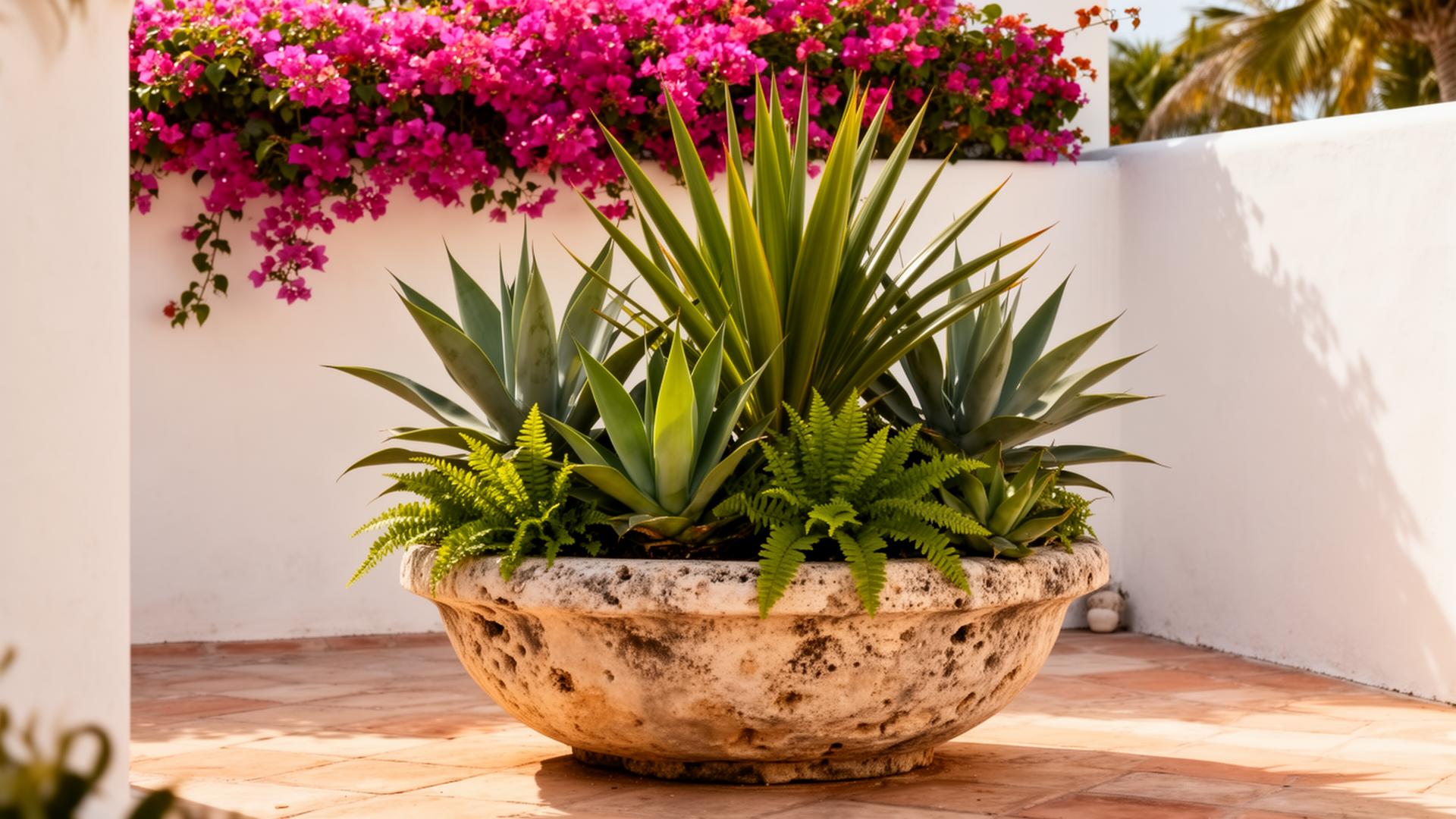 Agaves y helechos — Patio mediterráneo · Tulum