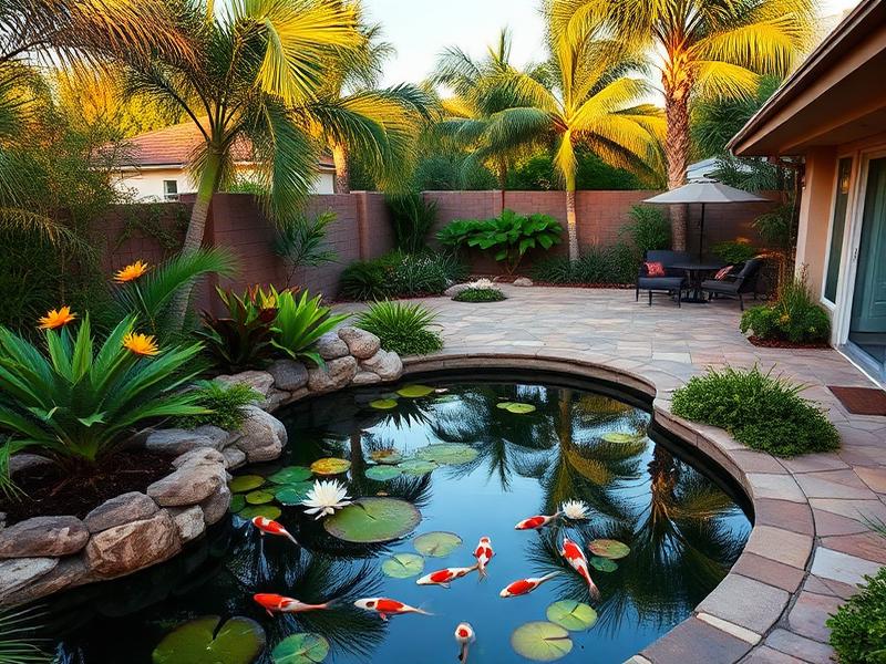 Mismo patio transformado en oasis tropical con estanque de koi