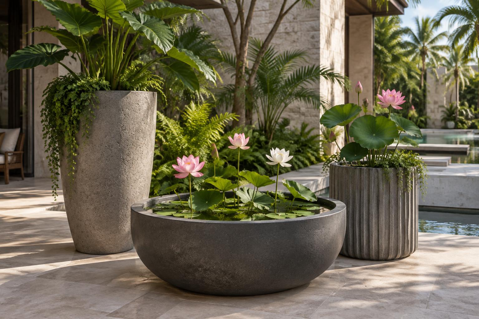 Macetas de concreto con lotos rosas y blancos en un jardín tropical