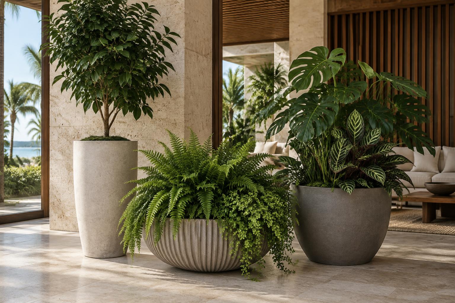 Macetas de concreto con helechos frondosos y un árbol de interior