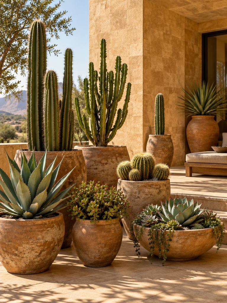 Cactos columnares, agaves y suculentas variadas en macetas de barro en un patio cálido