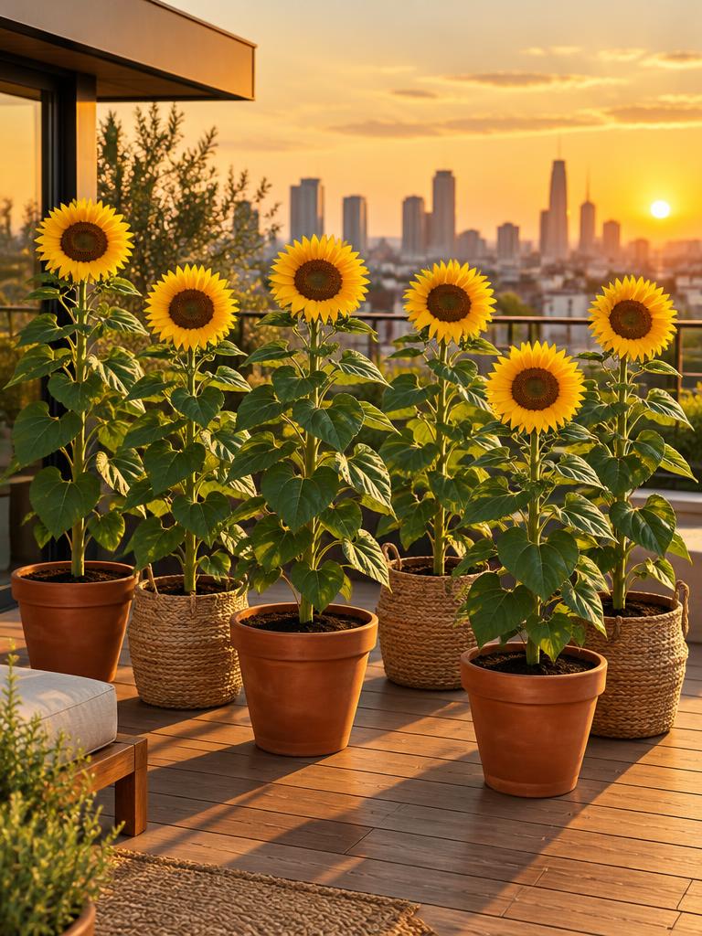 Seis girasoles premium en tallos altos en macetas de barro y fibra natural en una terraza al atardecer