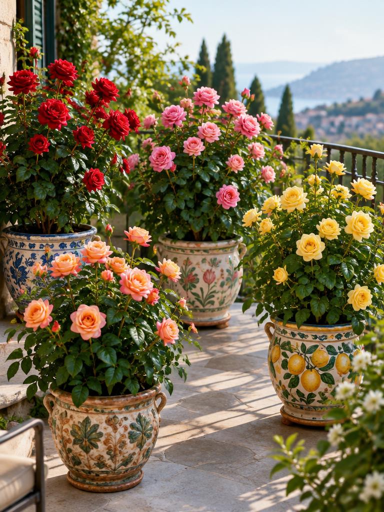 Cuatro macetas con rosas variadas en rojo, rosa, amarillo y durazno en un jardín