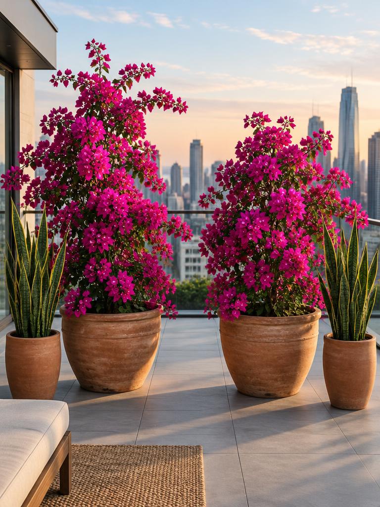 Dos bugambilias en plena floración con dos sansevierias en macetas de barro en una terraza