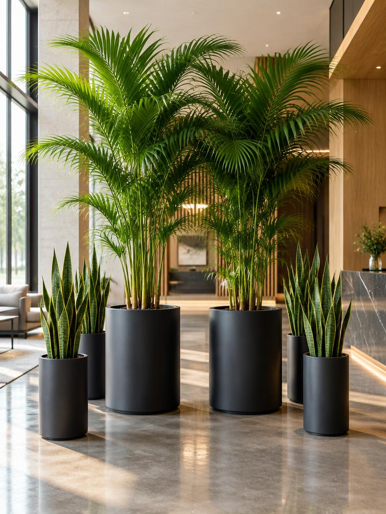 Dos palmas kerpis en macetas cilíndricas con cuatro sansevierias en un lobby corporativo